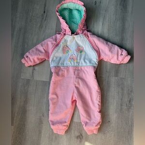 Vintage Pink Toddler Snow Suit with Embroidered Design